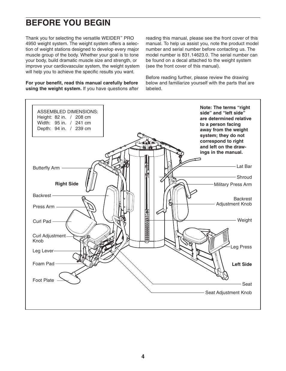 Before you begin | Weider Pro 4950 831.14623.0 User Manual | Page 4 / 44