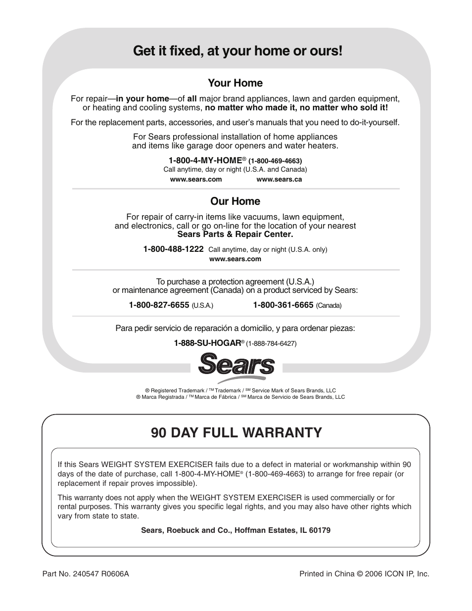 Get it fixed, at your home or ours, 90 day full warranty, Your home | Our home | Weider Pro 4950 831.14623.0 User Manual | Page 44 / 44