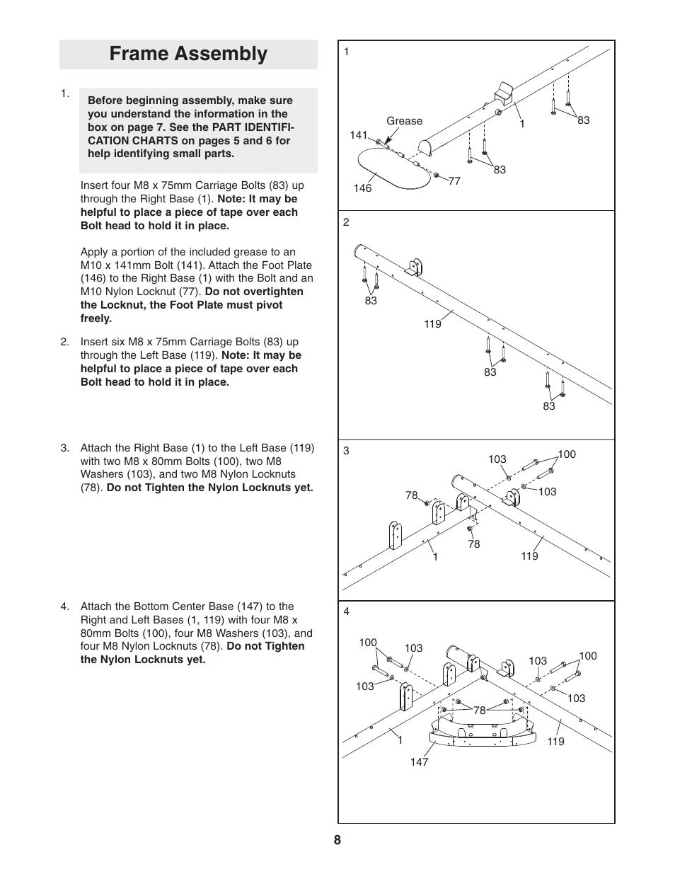 Frame assembly | Weider Pro 4950 831.14623.0 User Manual | Page 8 / 44