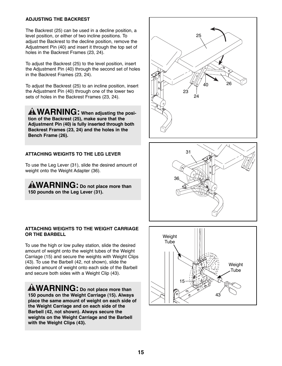 Warning | Weider WEBE34100 User Manual | Page 15 / 23