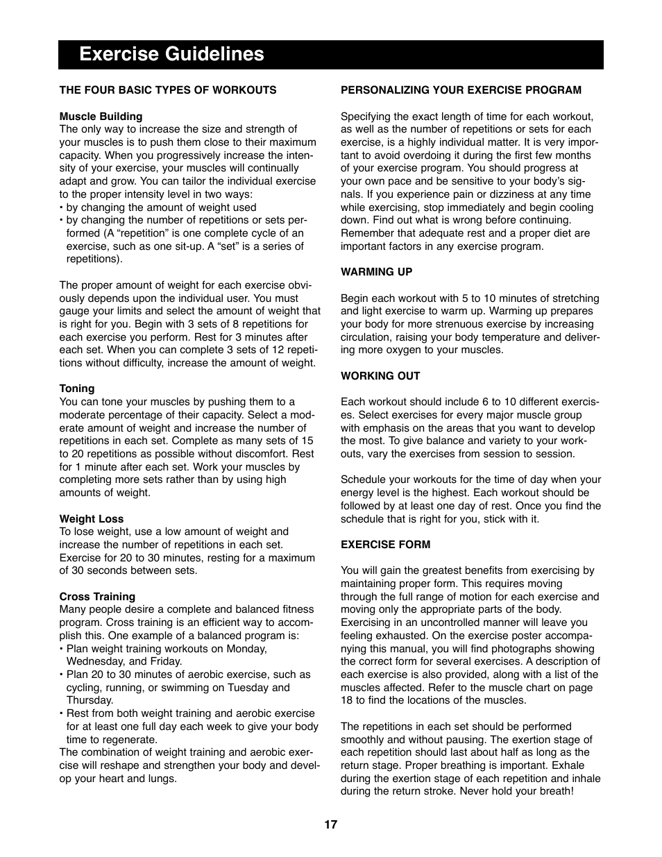 Exercise guidelines | Weider WEBE34100 User Manual | Page 17 / 23