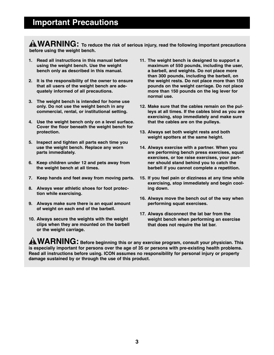 Important precautions warning, Warning | Weider WEBE34100 User Manual | Page 3 / 23