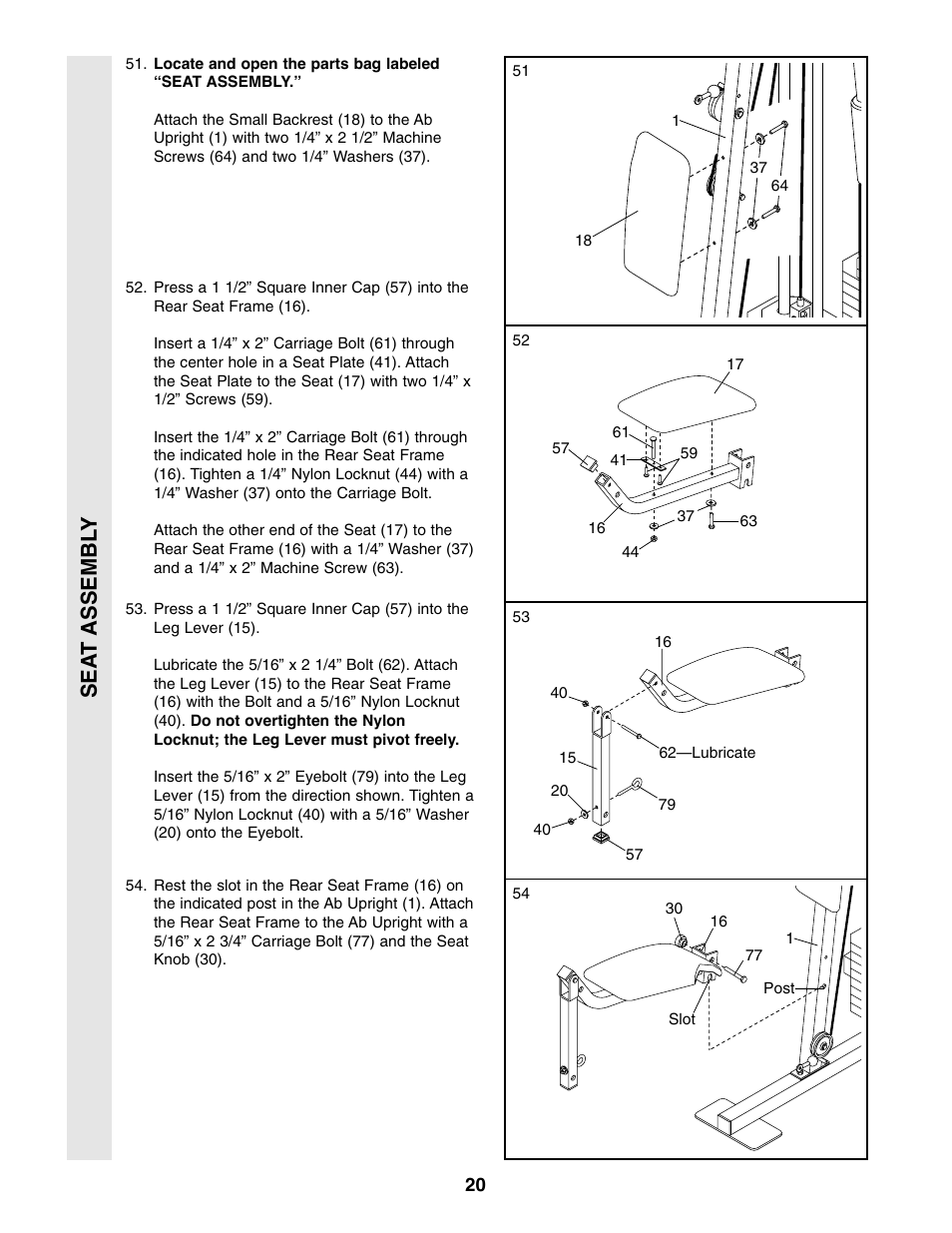 Sea t assembl y | Weider WESY86301 User Manual | Page 20 / 33