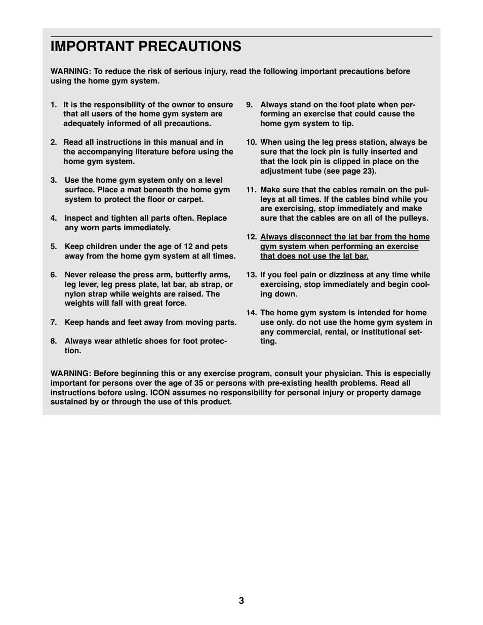 Important precautions | Weider WESY86301 User Manual | Page 3 / 33