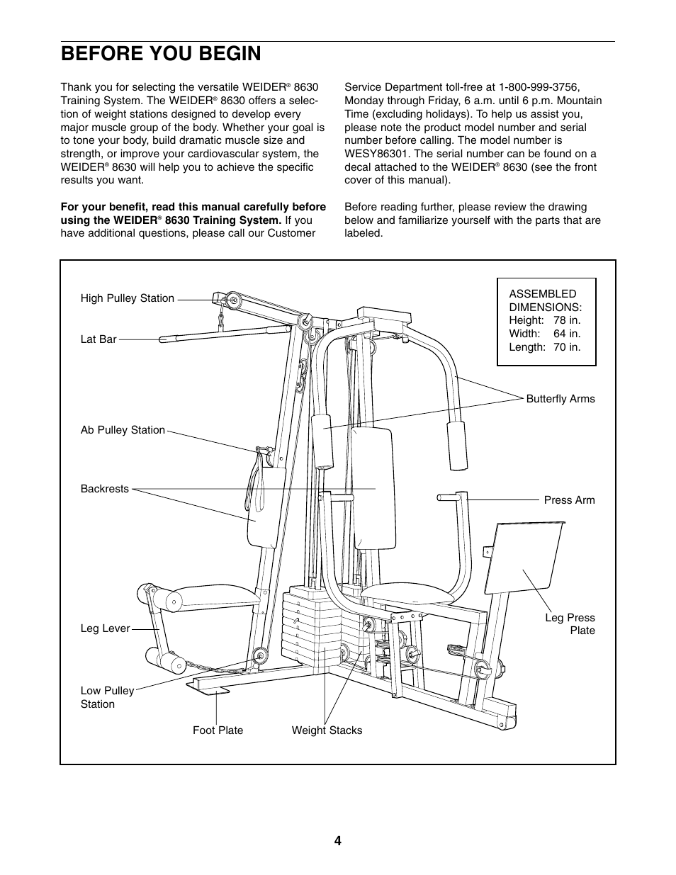 Before you begin | Weider WESY86301 User Manual | Page 4 / 33