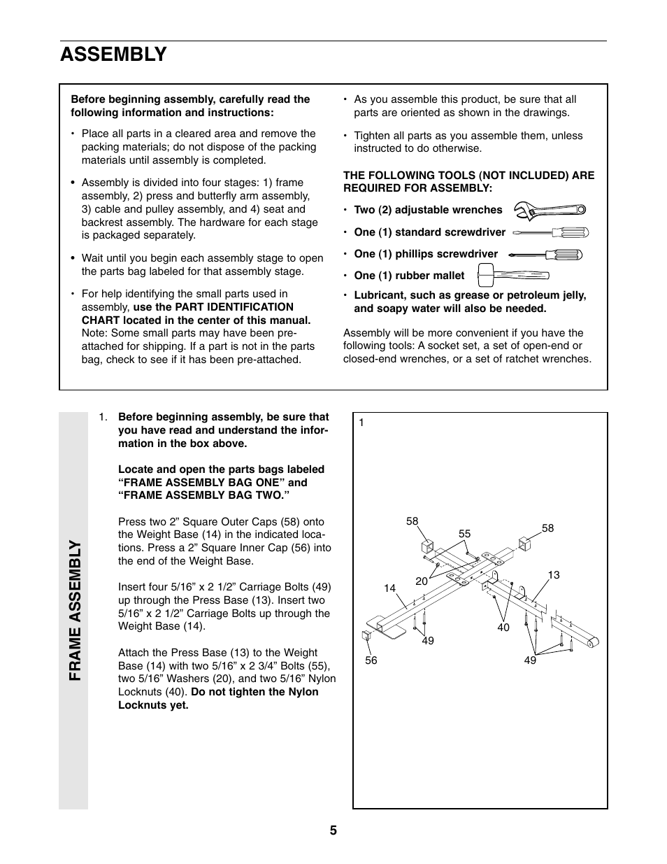 Assembly, Frame assembl y | Weider WESY86301 User Manual | Page 5 / 33