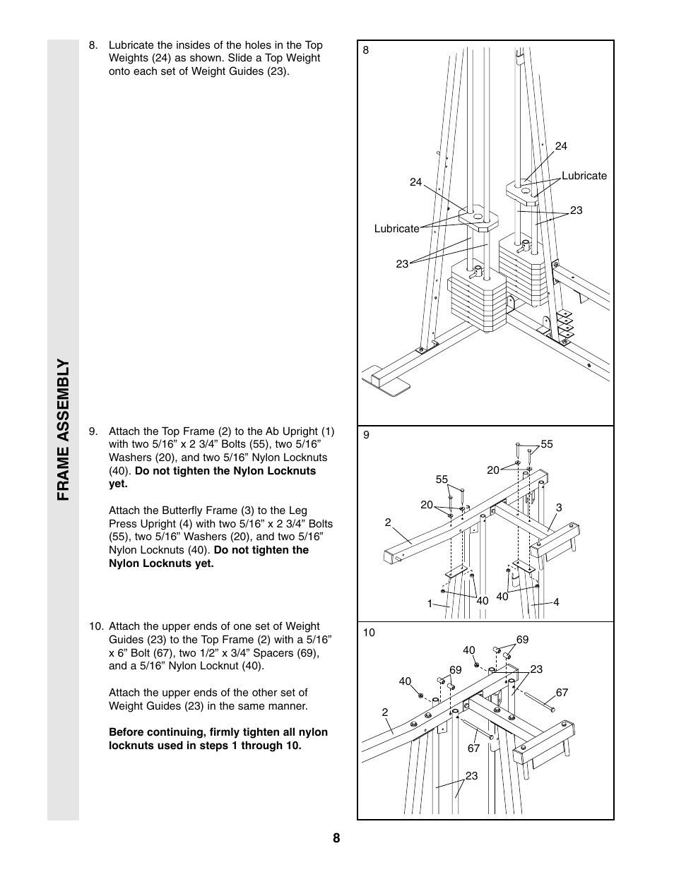 Frame assembl y | Weider WESY86301 User Manual | Page 8 / 33