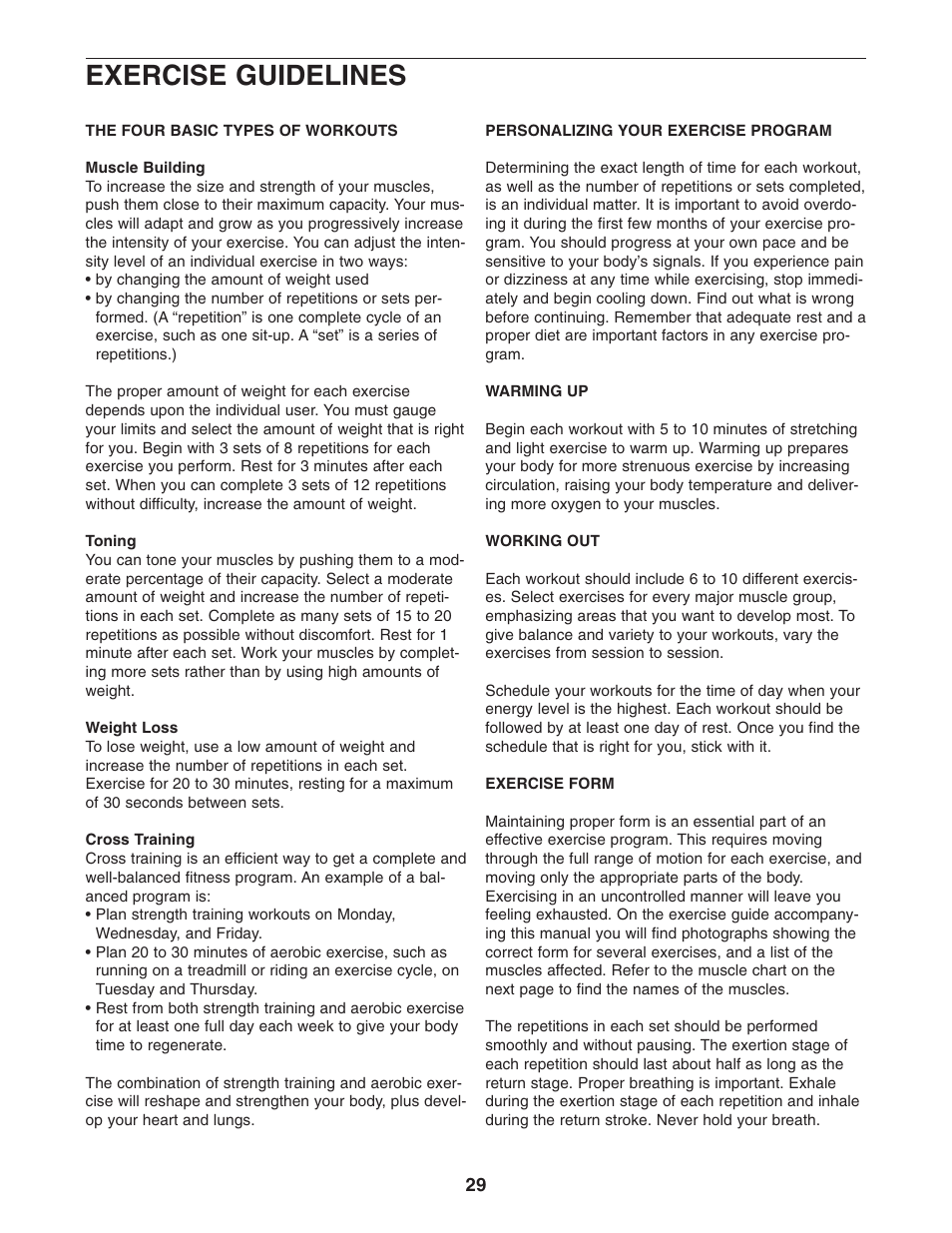 Exercise guidelines | Weider club 4870 WESY3906.0 User Manual | Page 29 / 36