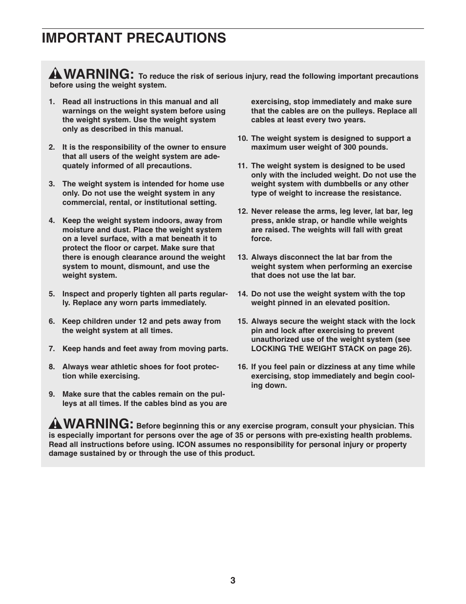 Warning, Important precautions | Weider club 4870 WESY3906.0 User Manual | Page 3 / 36