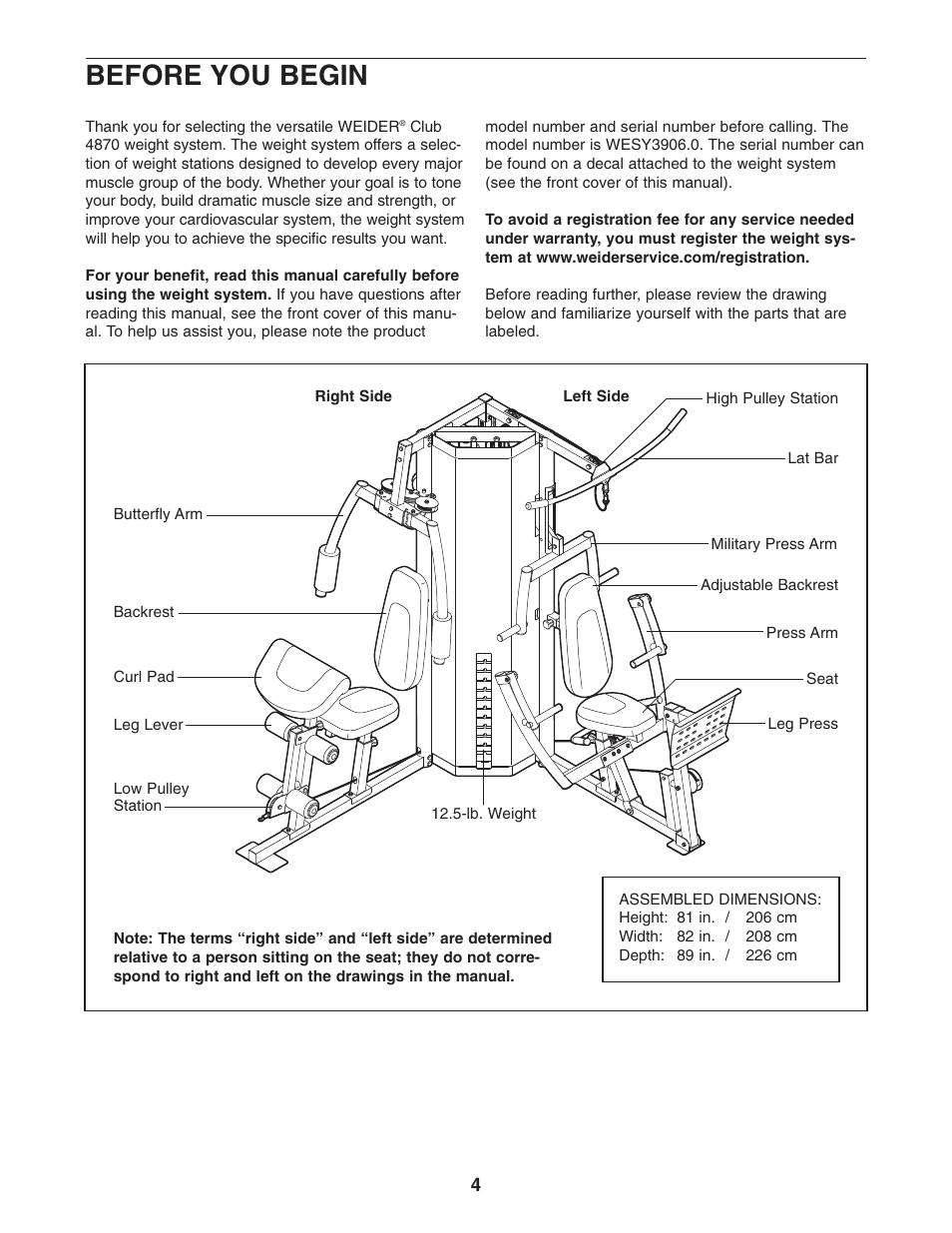 Before you begin | Weider club 4870 WESY3906.0 User Manual | Page 4 / 36
