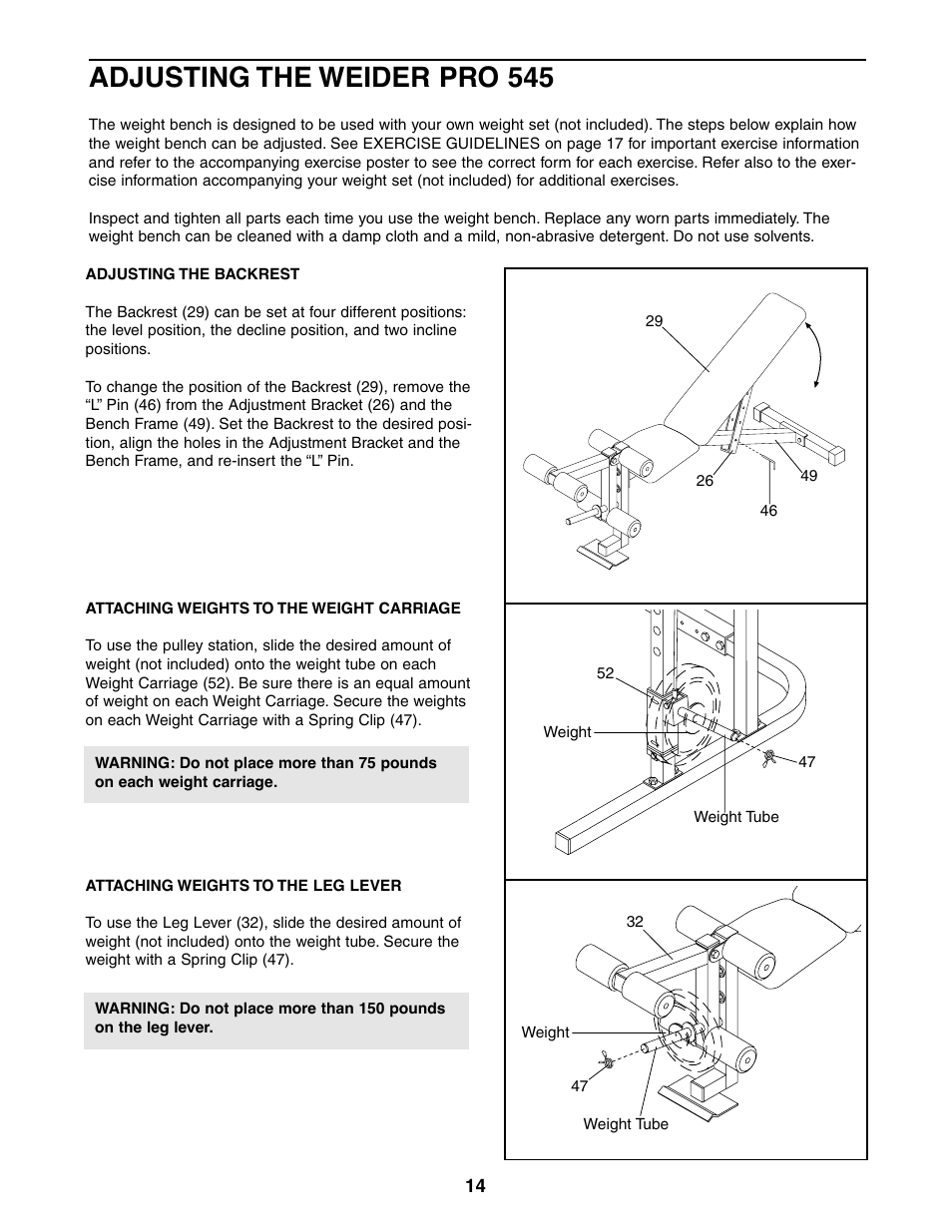 Adjusting the weider pro 545 | Weider 831.150471 User Manual | Page 14 / 24