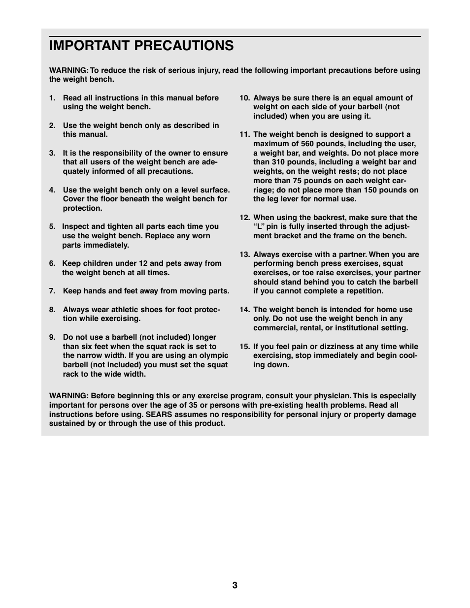 Important precautions | Weider 831.150471 User Manual | Page 3 / 24