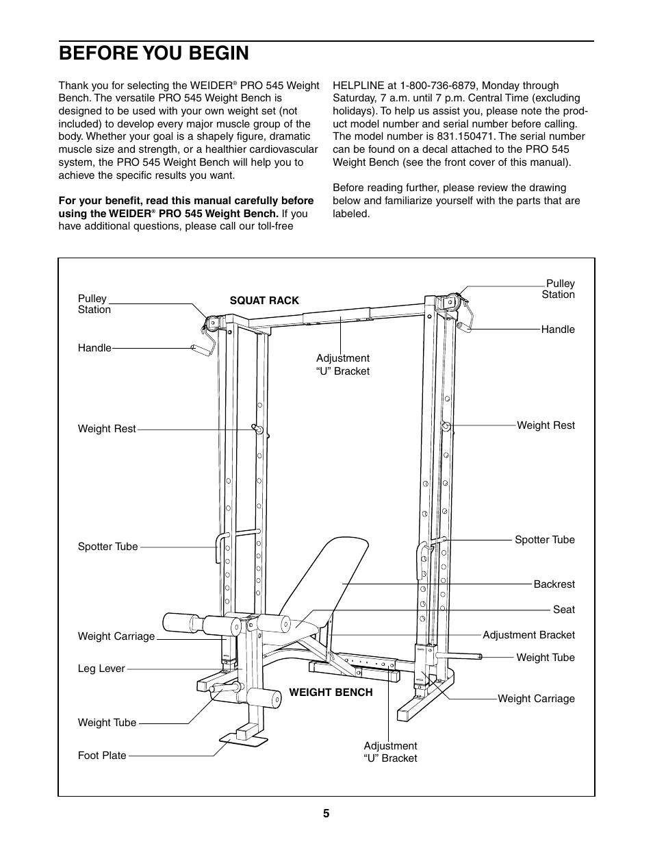 Before you begin | Weider 831.150471 User Manual | Page 5 / 24