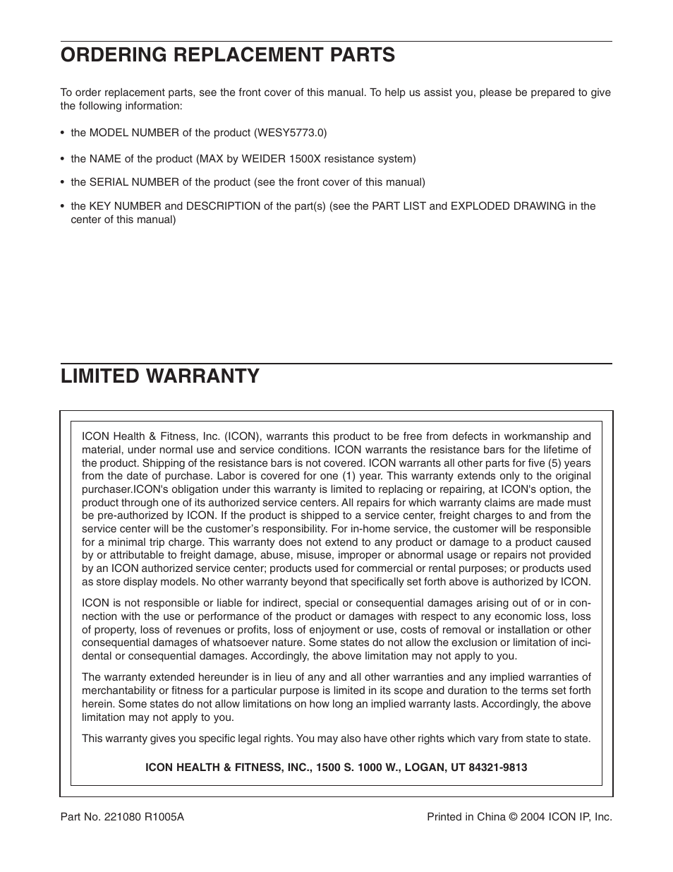 Ordering replacement parts, Limited warranty | Weider WESY5773.0 User Manual | Page 24 / 24