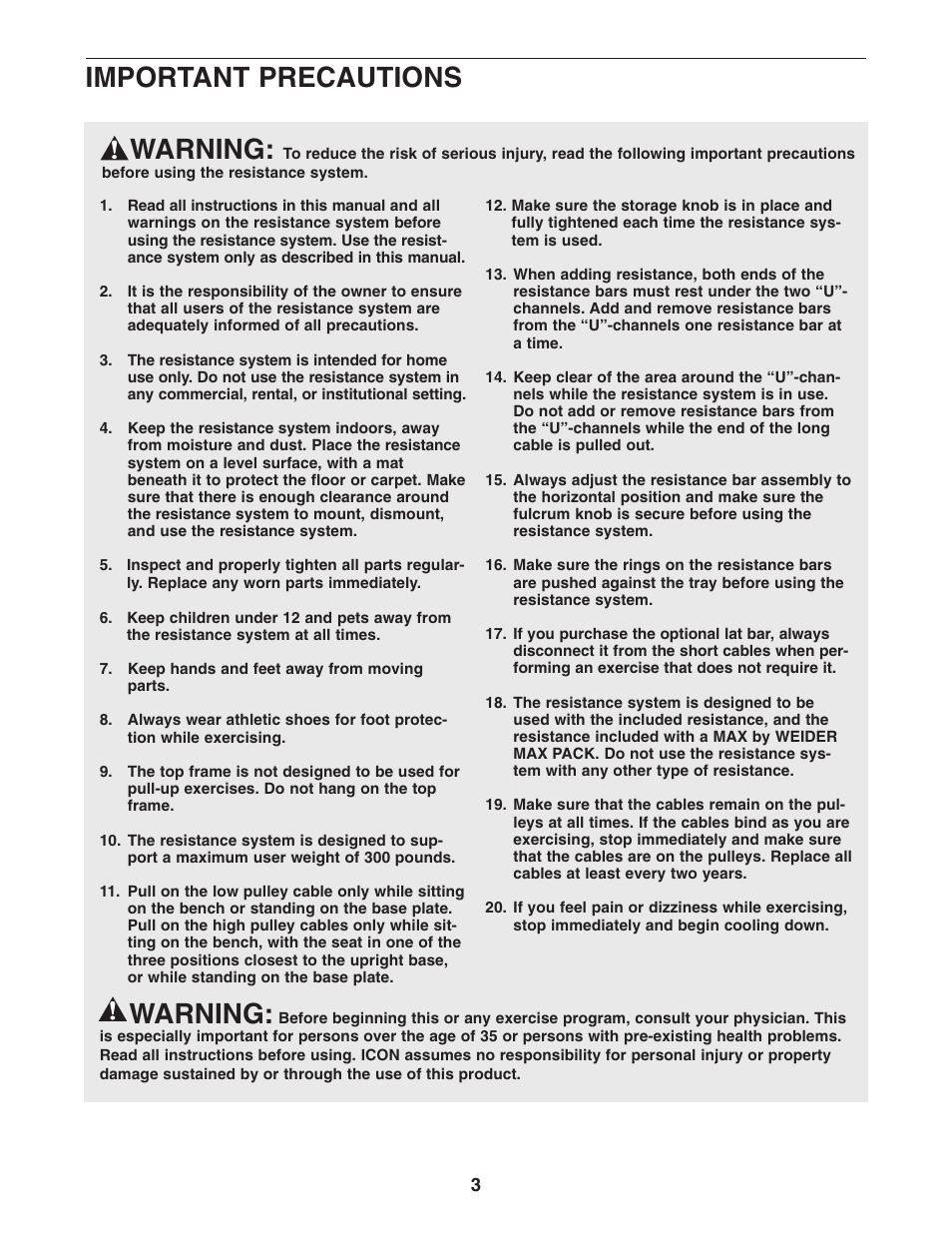 Warning, Important precautions | Weider WESY5773.0 User Manual | Page 3 / 24