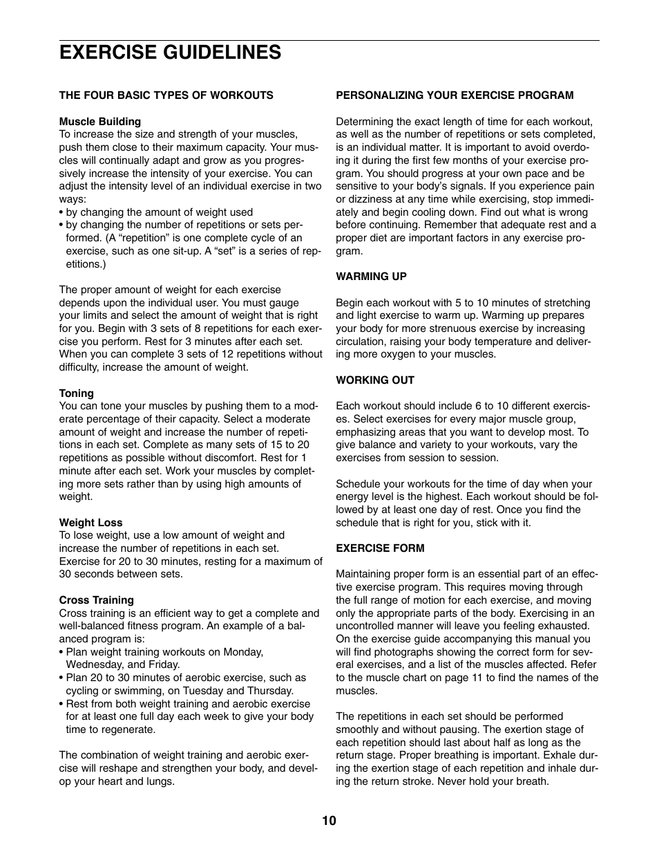 Exercise guidelines | Weider WEBE13010 User Manual | Page 10 / 16
