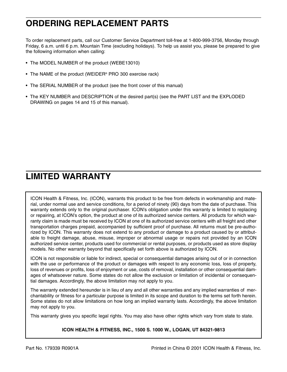 Limited warranty ordering replacement parts | Weider WEBE13010 User Manual | Page 16 / 16