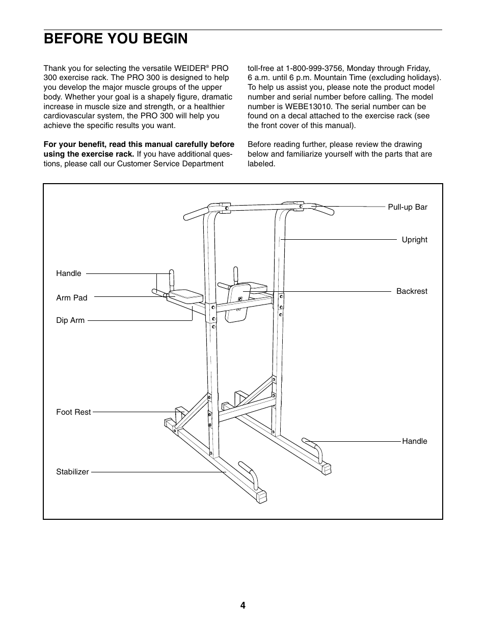 Before you begin | Weider WEBE13010 User Manual | Page 4 / 16