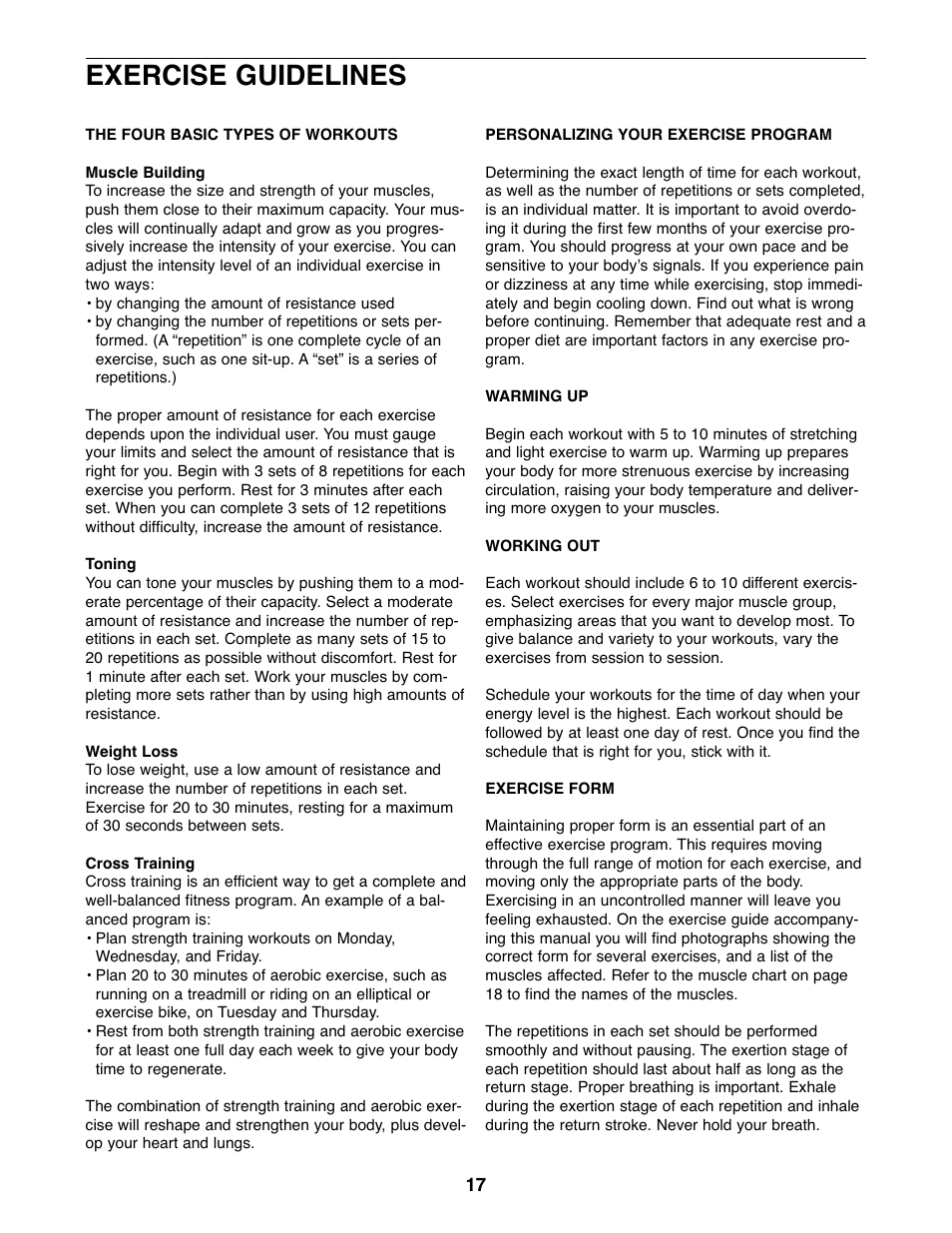 Exercise guidelines | Weider WESY59930 User Manual | Page 17 / 24