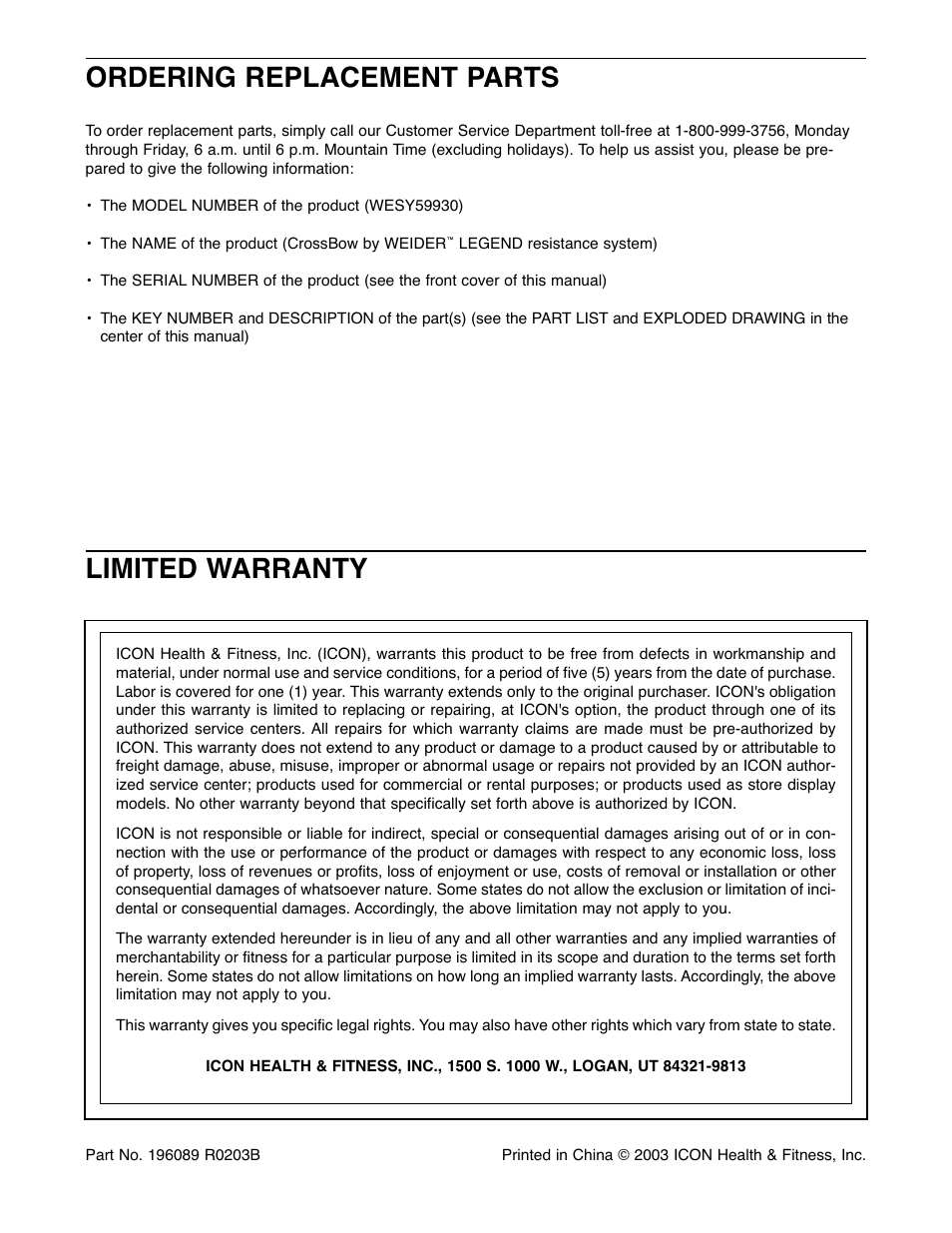 Ordering replacement parts, Limited warranty | Weider WESY59930 User Manual | Page 20 / 24