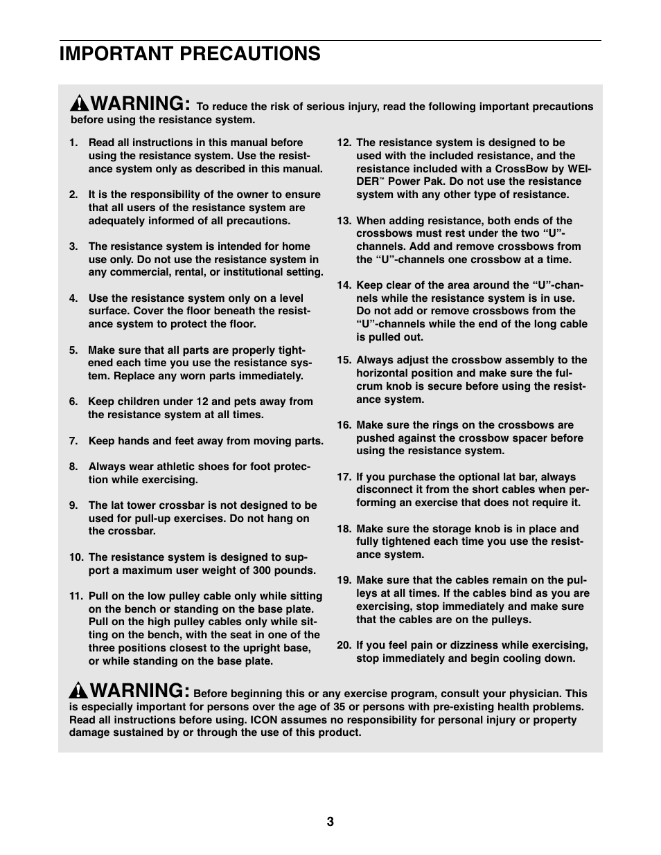 Warning, Important precautions | Weider WESY59930 User Manual | Page 3 / 24