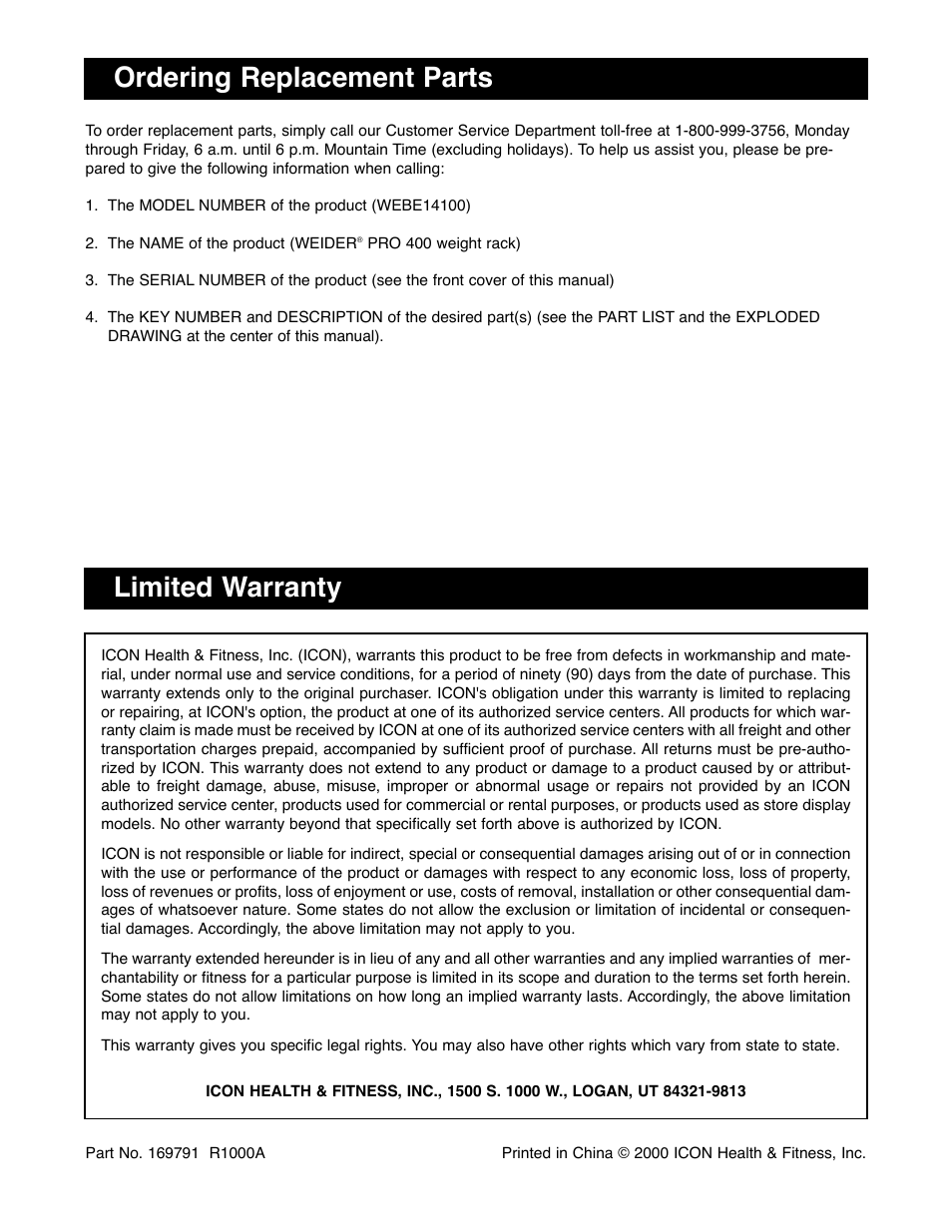 Ordering replacement parts, Limited warranty | Weider WEBE14100 User Manual | Page 12 / 12