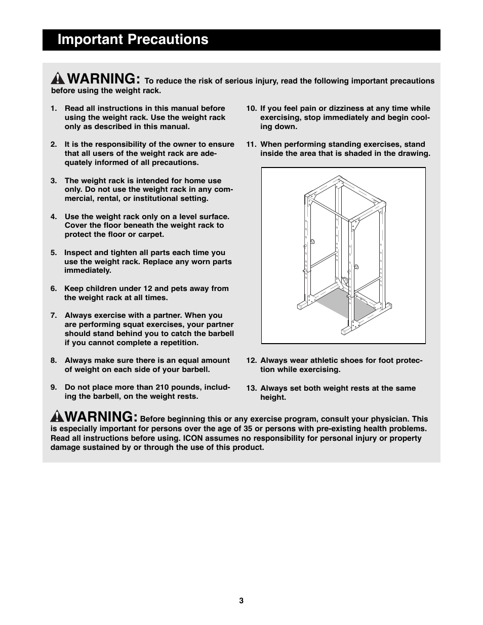 Warning, Important precautions | Weider WEBE14100 User Manual | Page 3 / 12