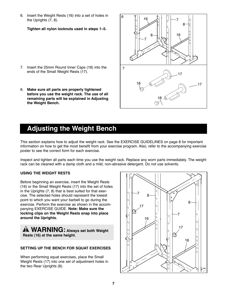 Adjusting the weight bench warning | Weider WEBE14100 User Manual | Page 7 / 12