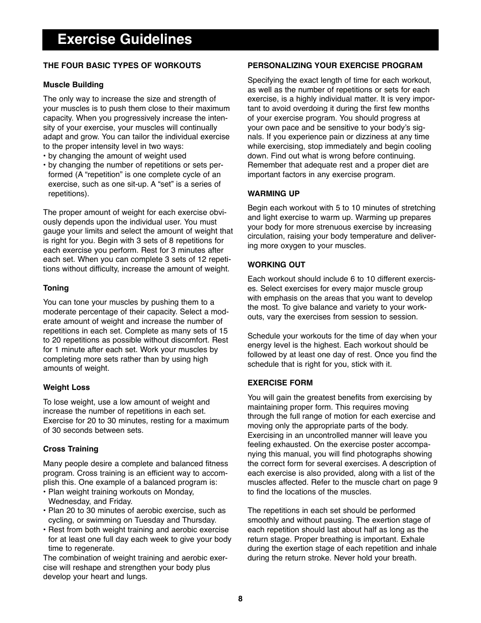 Exercise guidelines | Weider WEBE14100 User Manual | Page 8 / 12