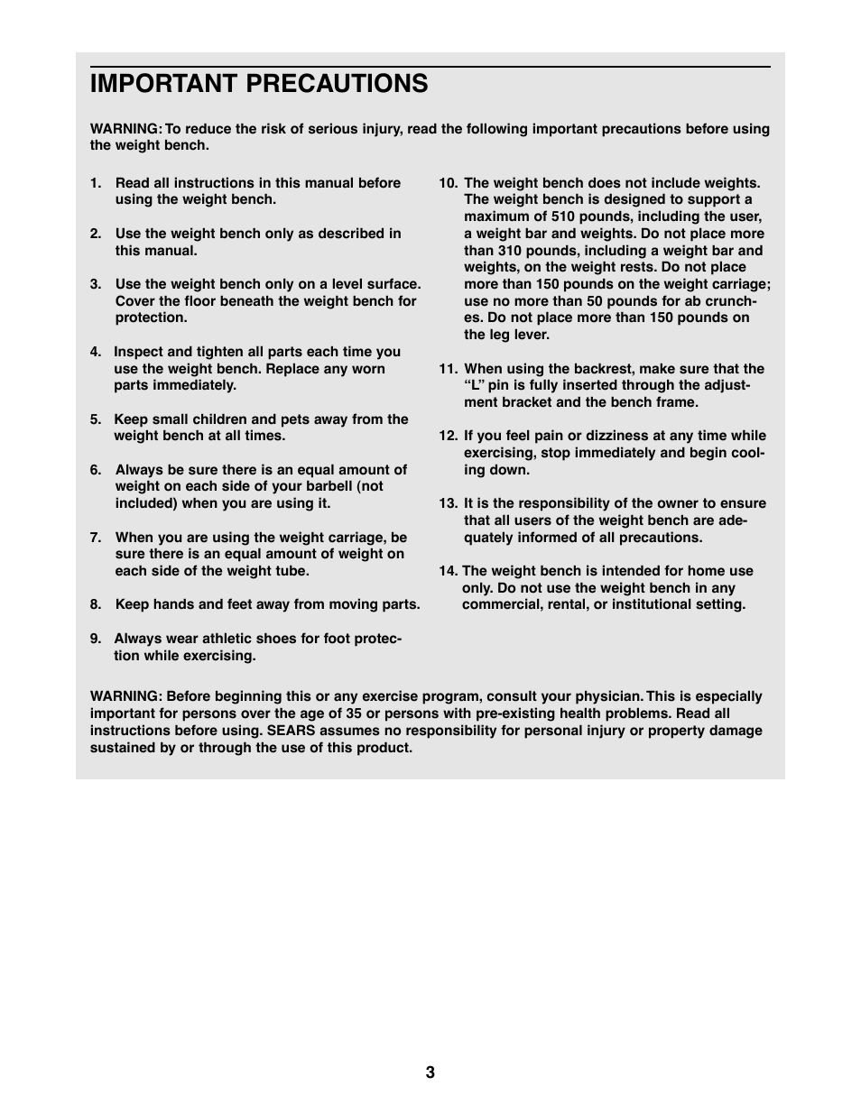 Important precautions | Weider 831.150390 User Manual | Page 3 / 22