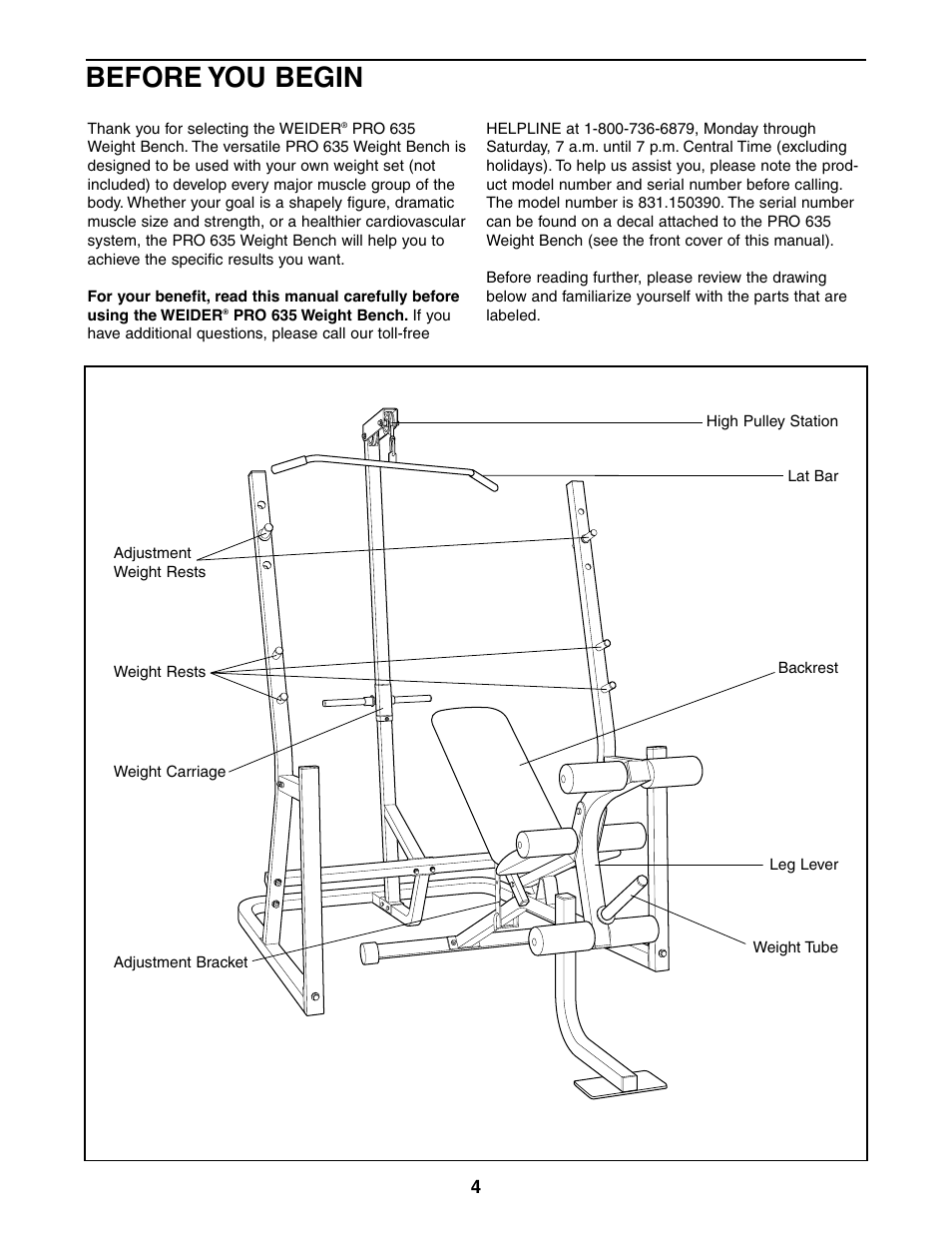 Before you begin | Weider 831.150390 User Manual | Page 4 / 22