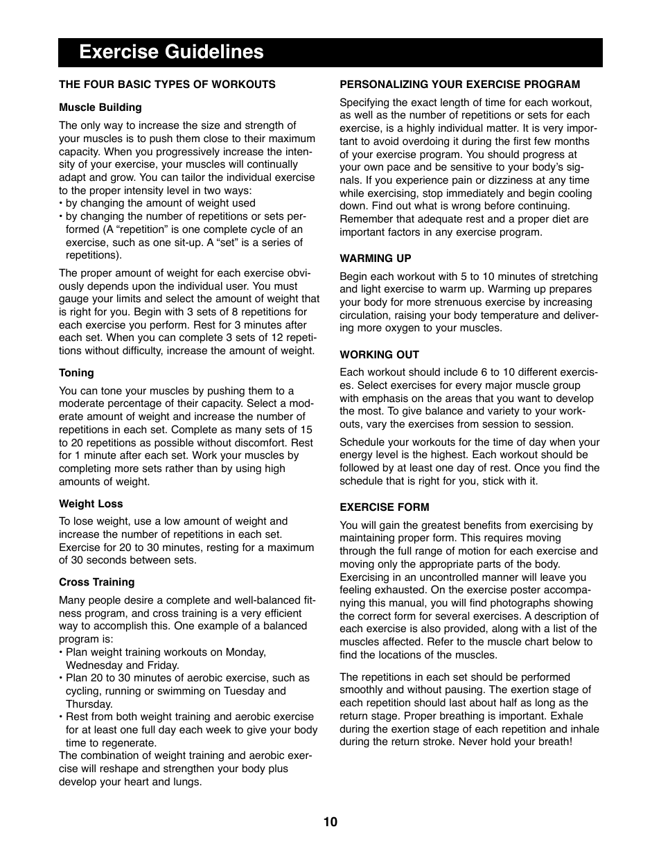 Exercise guidelines | Weider PRO 125 User Manual | Page 10 / 15