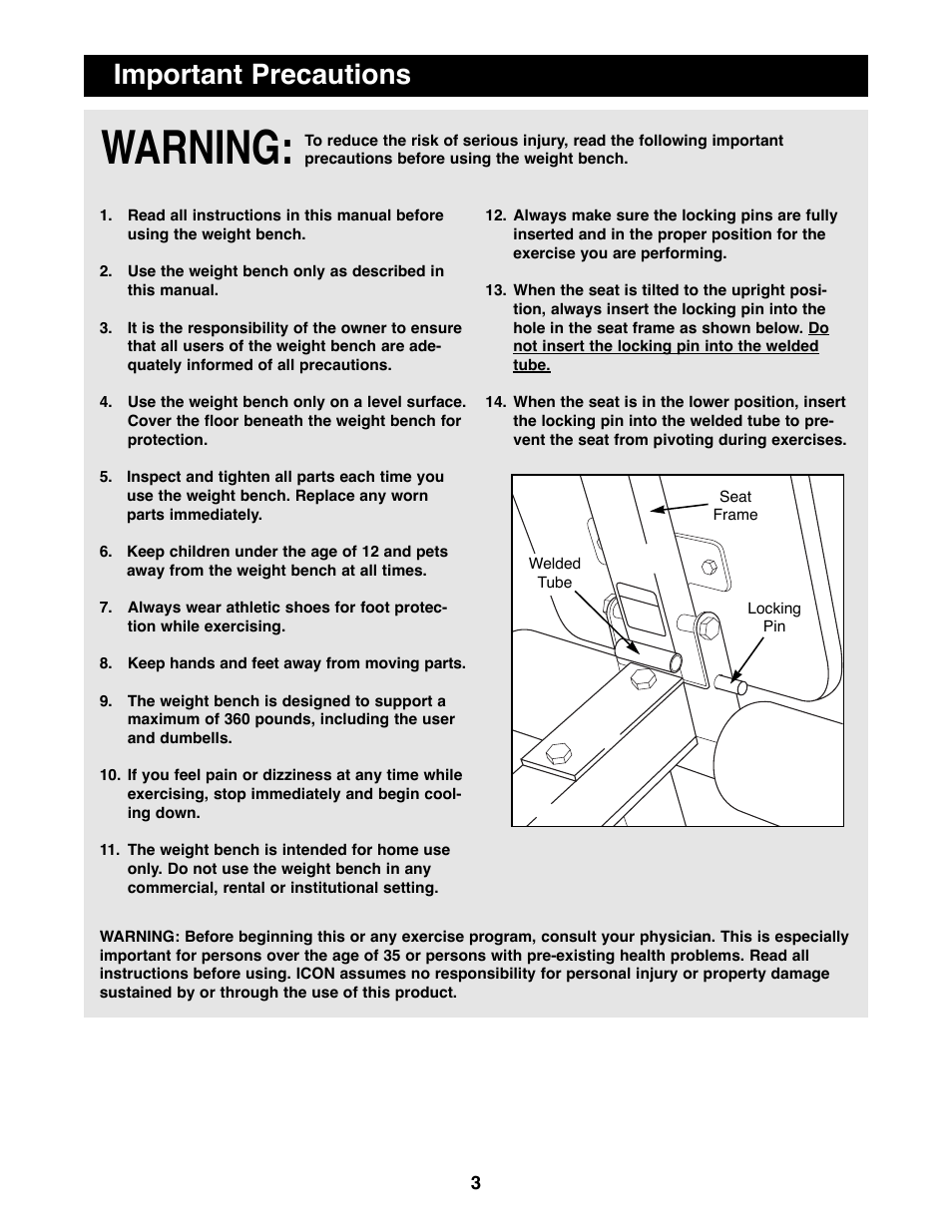 Warning, Important precautions | Weider PRO 125 User Manual | Page 3 / 15