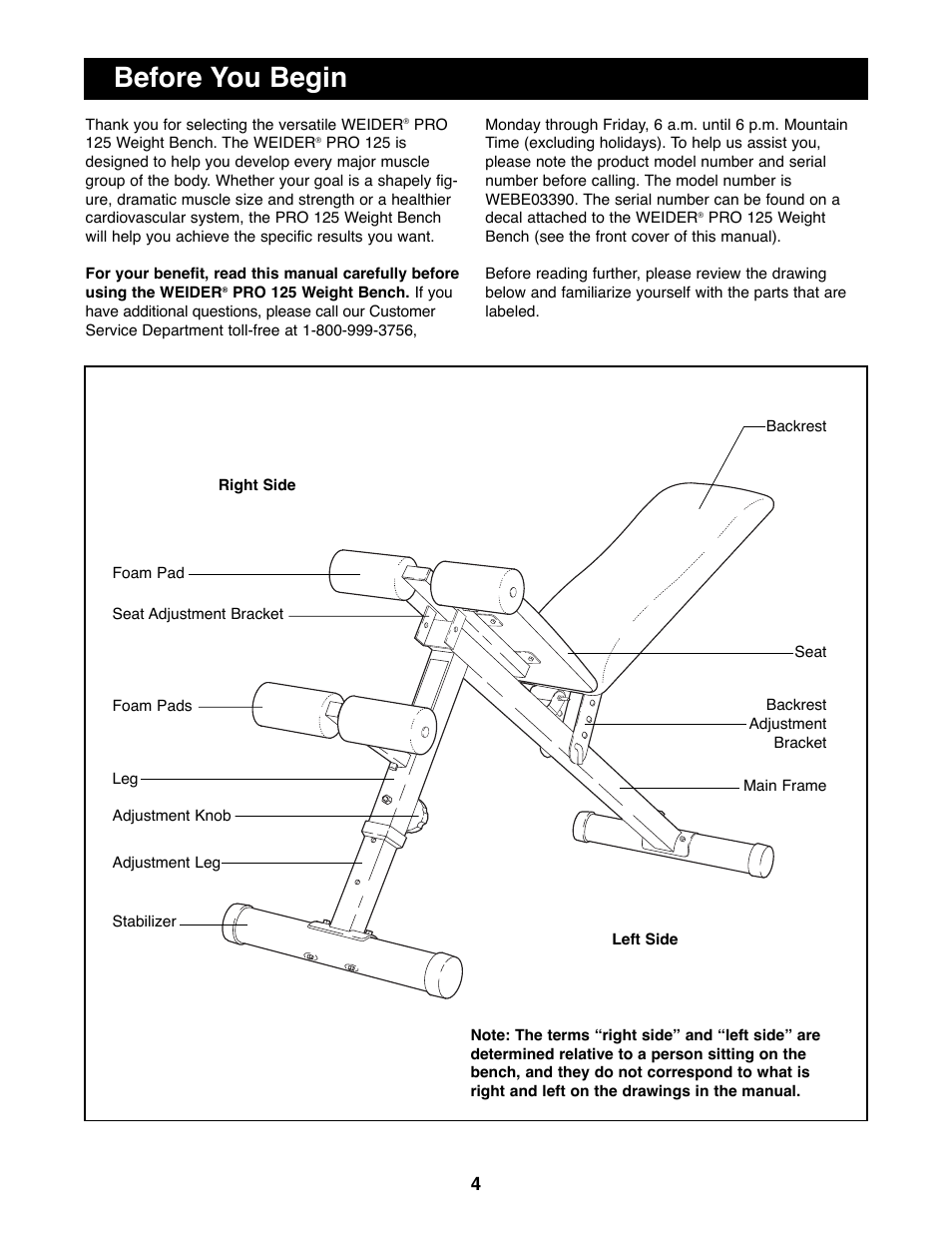 Before you begin | Weider PRO 125 User Manual | Page 4 / 15