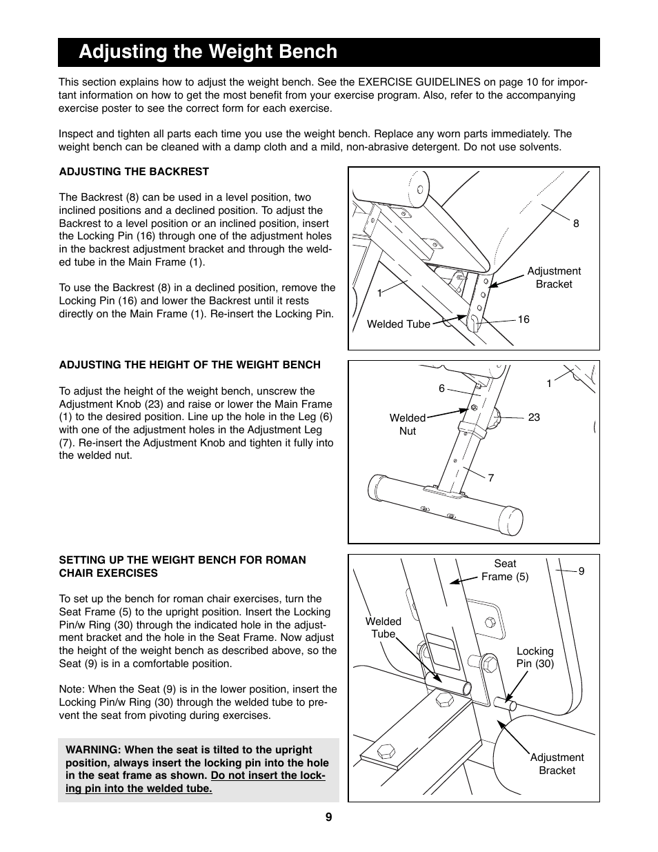 Adjusting the weight bench | Weider PRO 125 User Manual | Page 9 / 15