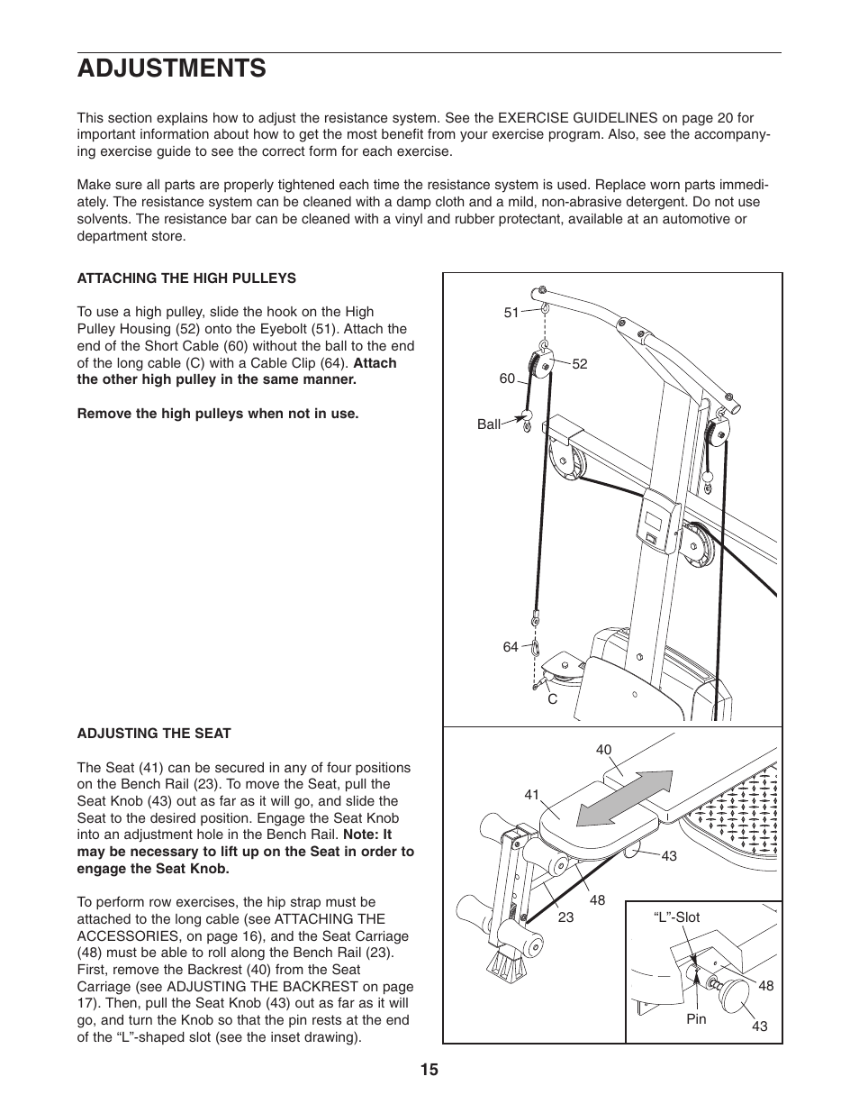 Adjustments | Weider PLATINUM 600 User Manual | Page 15 / 27