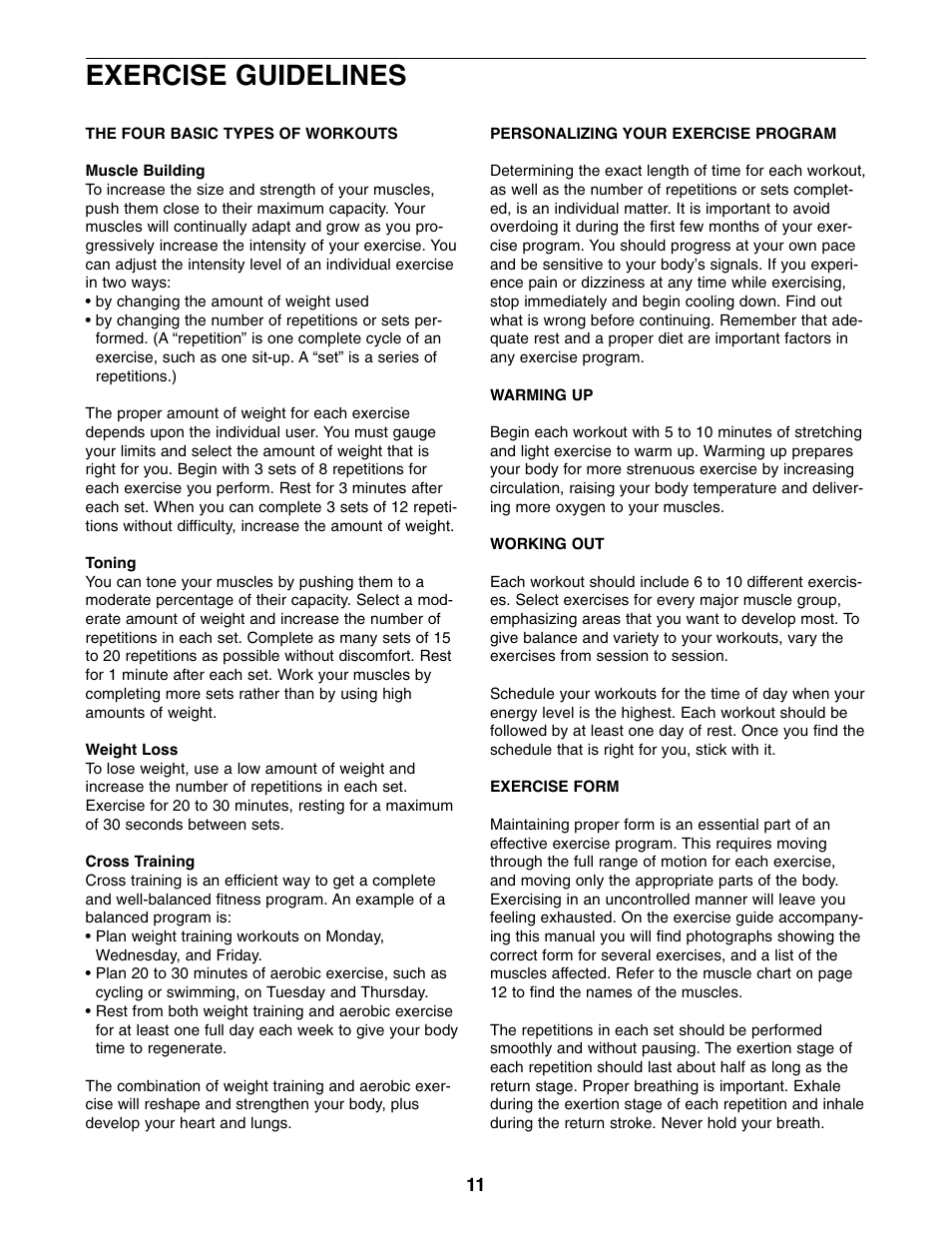 Exercise guidelines | Weider WEBE09310 User Manual | Page 11 / 16