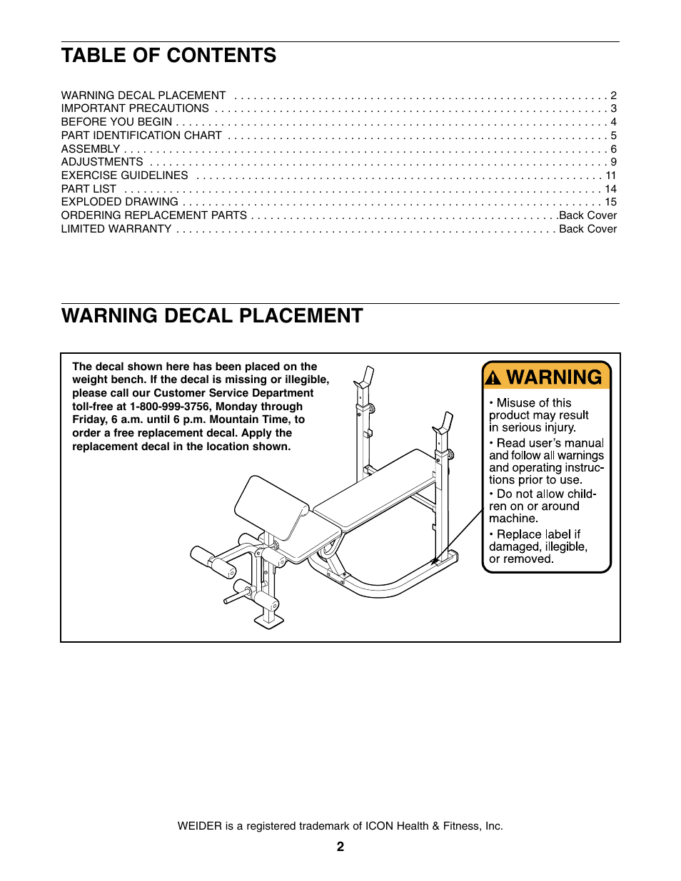 Weider WEBE09310 User Manual | Page 2 / 16