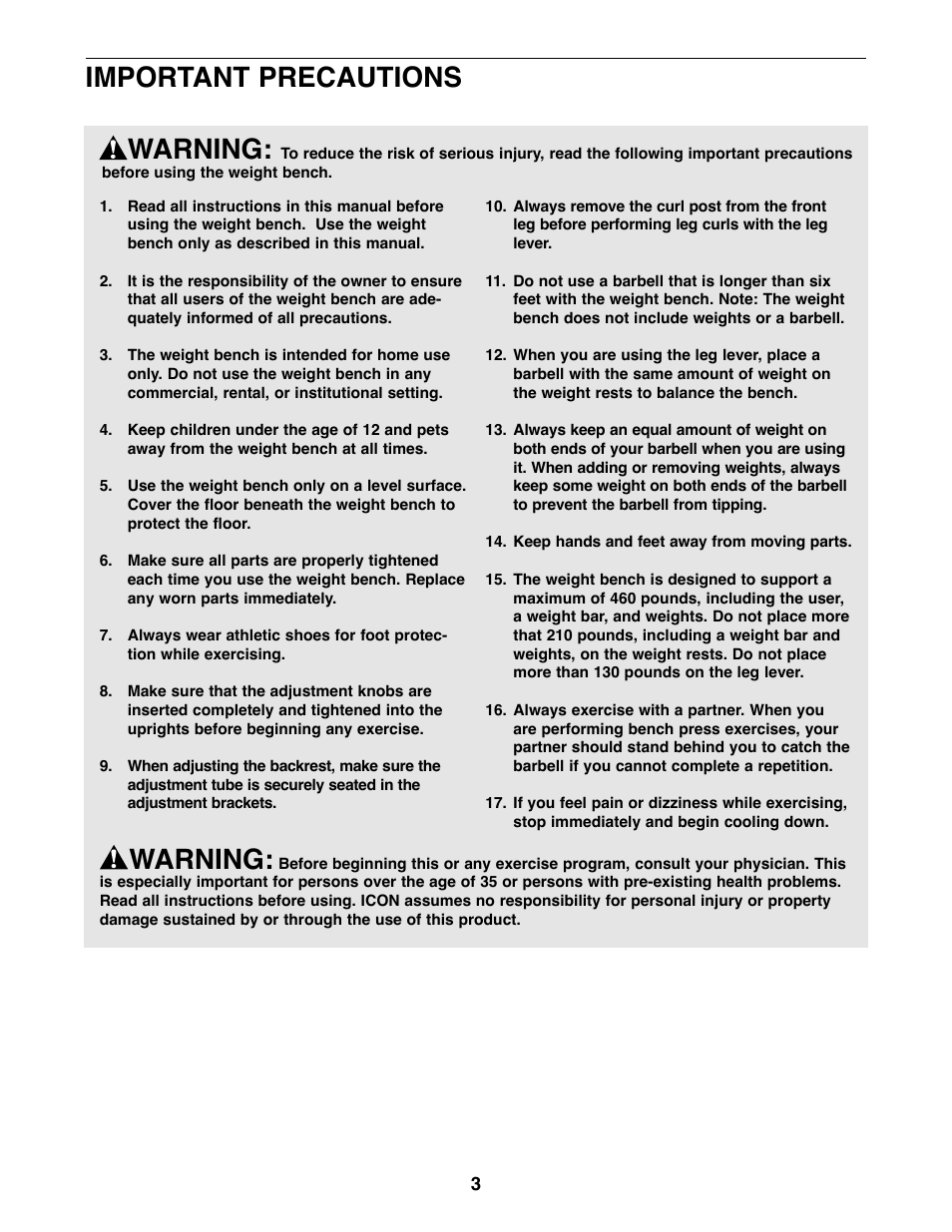 Warning, Important precautions | Weider WEBE09310 User Manual | Page 3 / 16