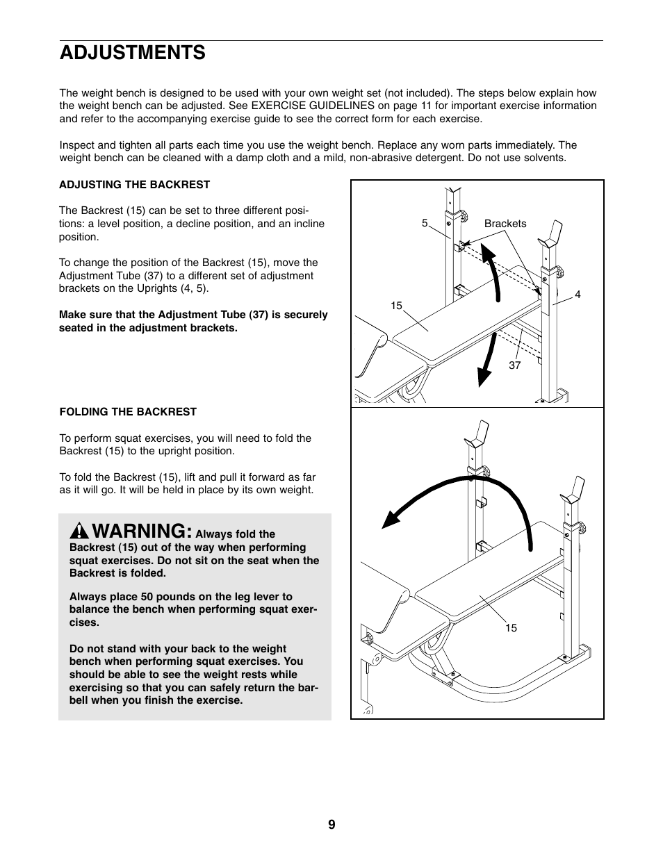 Adjustments, Warning | Weider WEBE09310 User Manual | Page 9 / 16