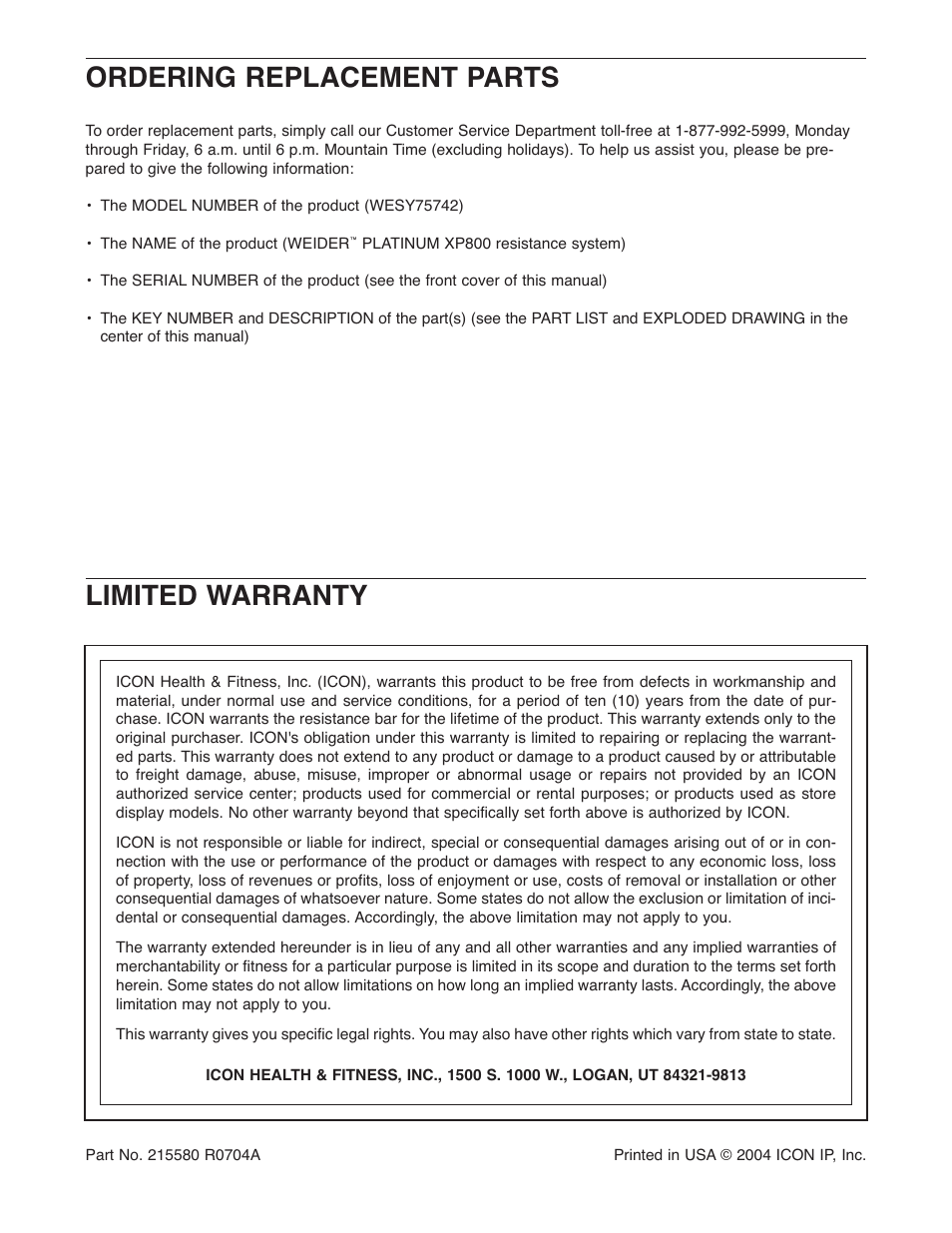 Ordering replacement parts, Limited warranty | Weider XP 800 WESY75742 User Manual | Page 27 / 27