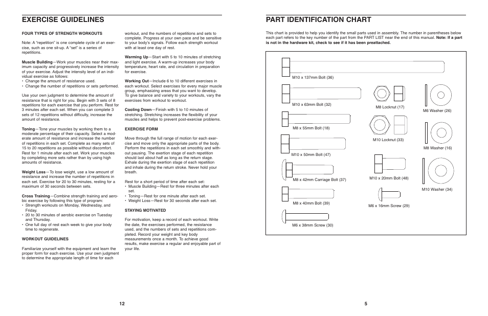 Part identification chart exercise guidelines | Weider PRO 290 User Manual | Page 5 / 8