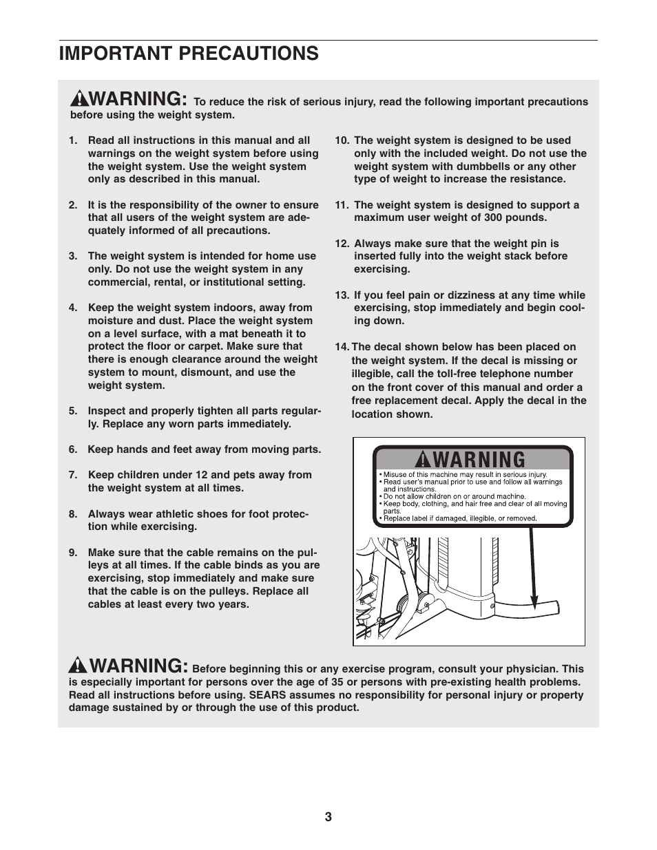 Warning, Important precautions | Weider 831.14622.0 User Manual | Page 3 / 36