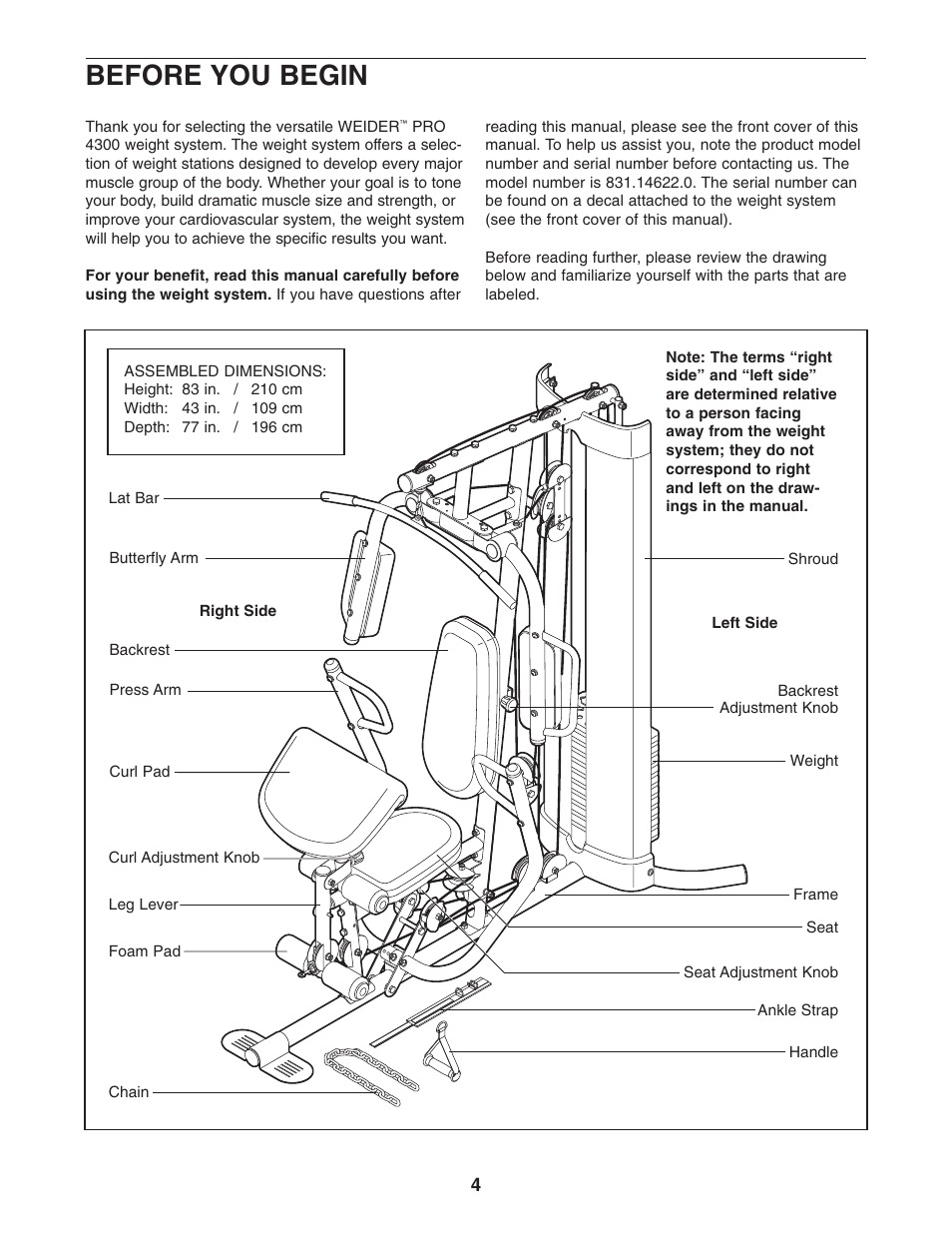 Before you begin | Weider 831.14622.0 User Manual | Page 4 / 36