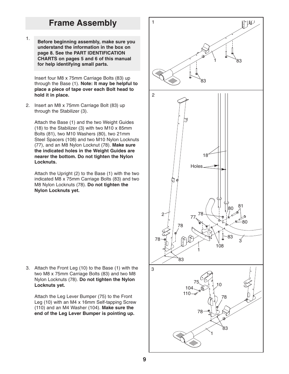 Frame assembly | Weider 831.14622.0 User Manual | Page 9 / 36