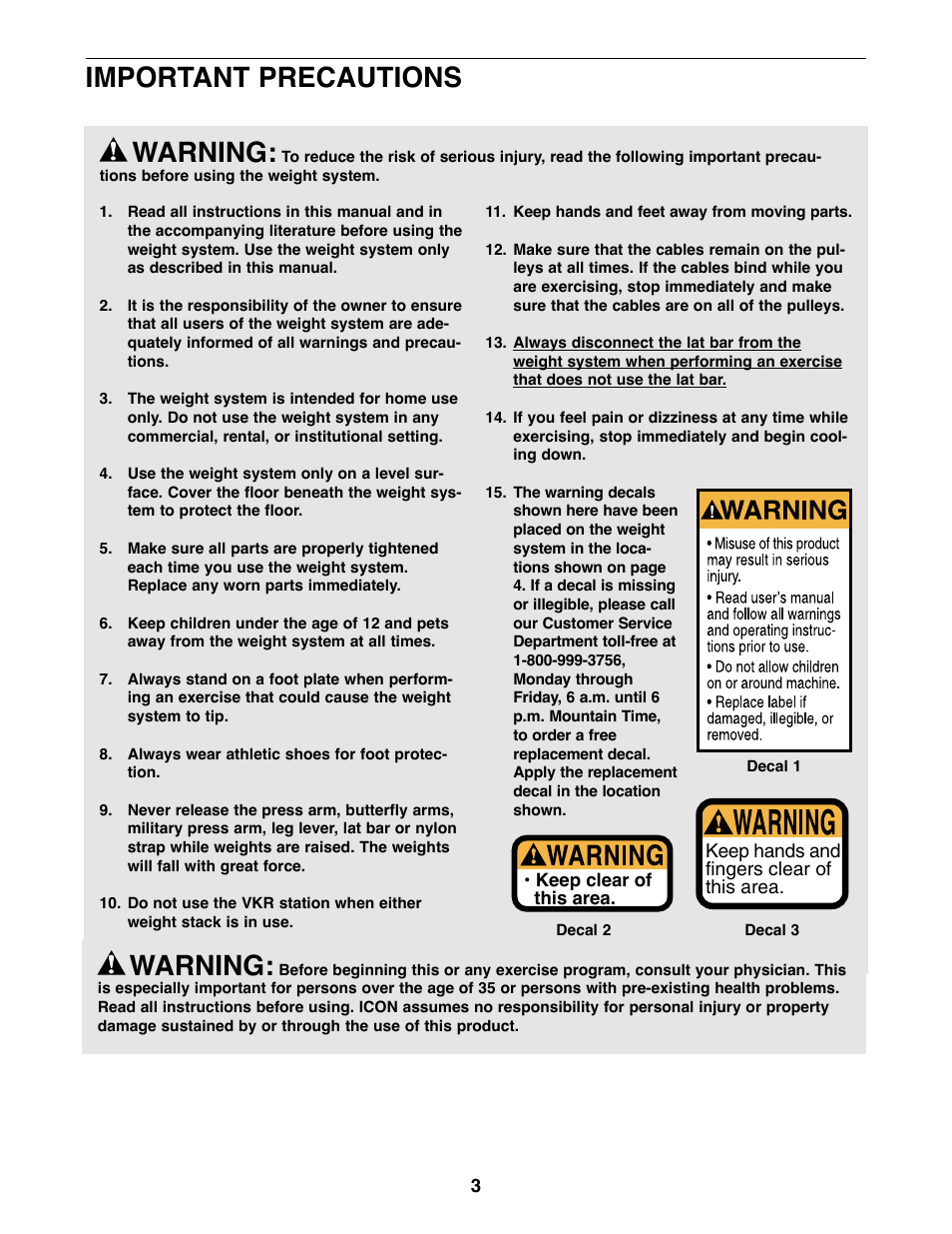 Warning, Important precautions | Weider WESY96310 User Manual | Page 3 / 32