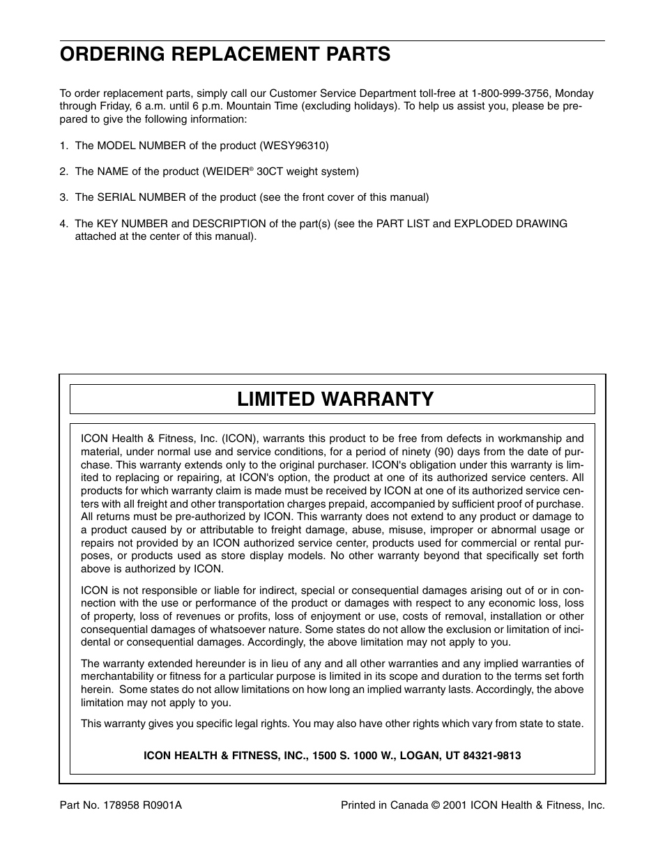 Limited warranty, Ordering replacement parts | Weider WESY96310 User Manual | Page 32 / 32