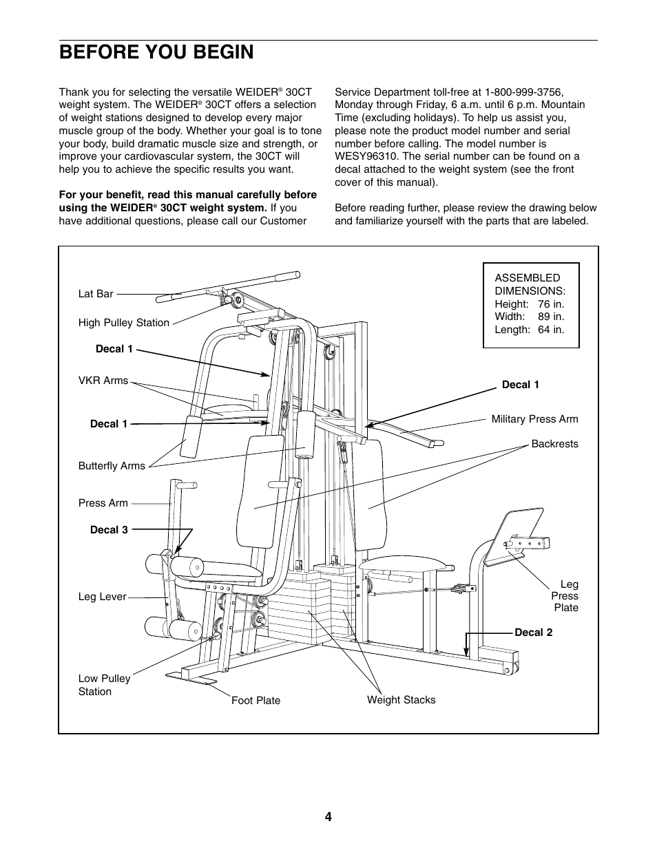 Before you begin | Weider WESY96310 User Manual | Page 4 / 32