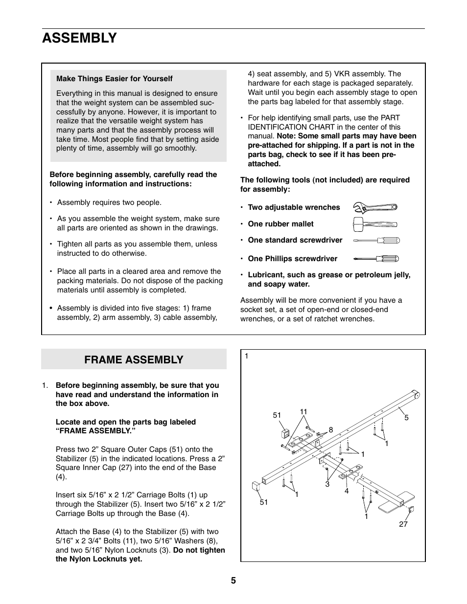 Assembly, Frame assembly | Weider WESY96310 User Manual | Page 5 / 32