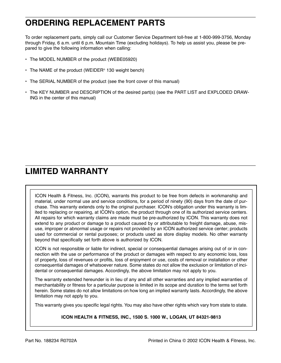 Limited warranty ordering replacement parts | Weider WEBE05920 User Manual | Page 12 / 16